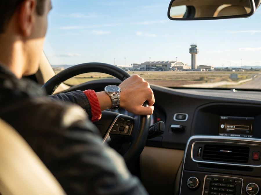 Conductor de taxi local en Castellón circulando hacia el aeropuerto CDT — servicio de transfer privado 24h